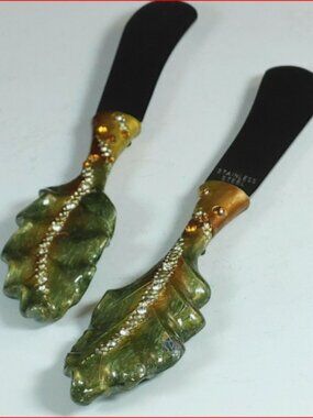 Vtg Bombay Co. Enamel Leaf Cheese Spreader Set Rhinestones Set of 4